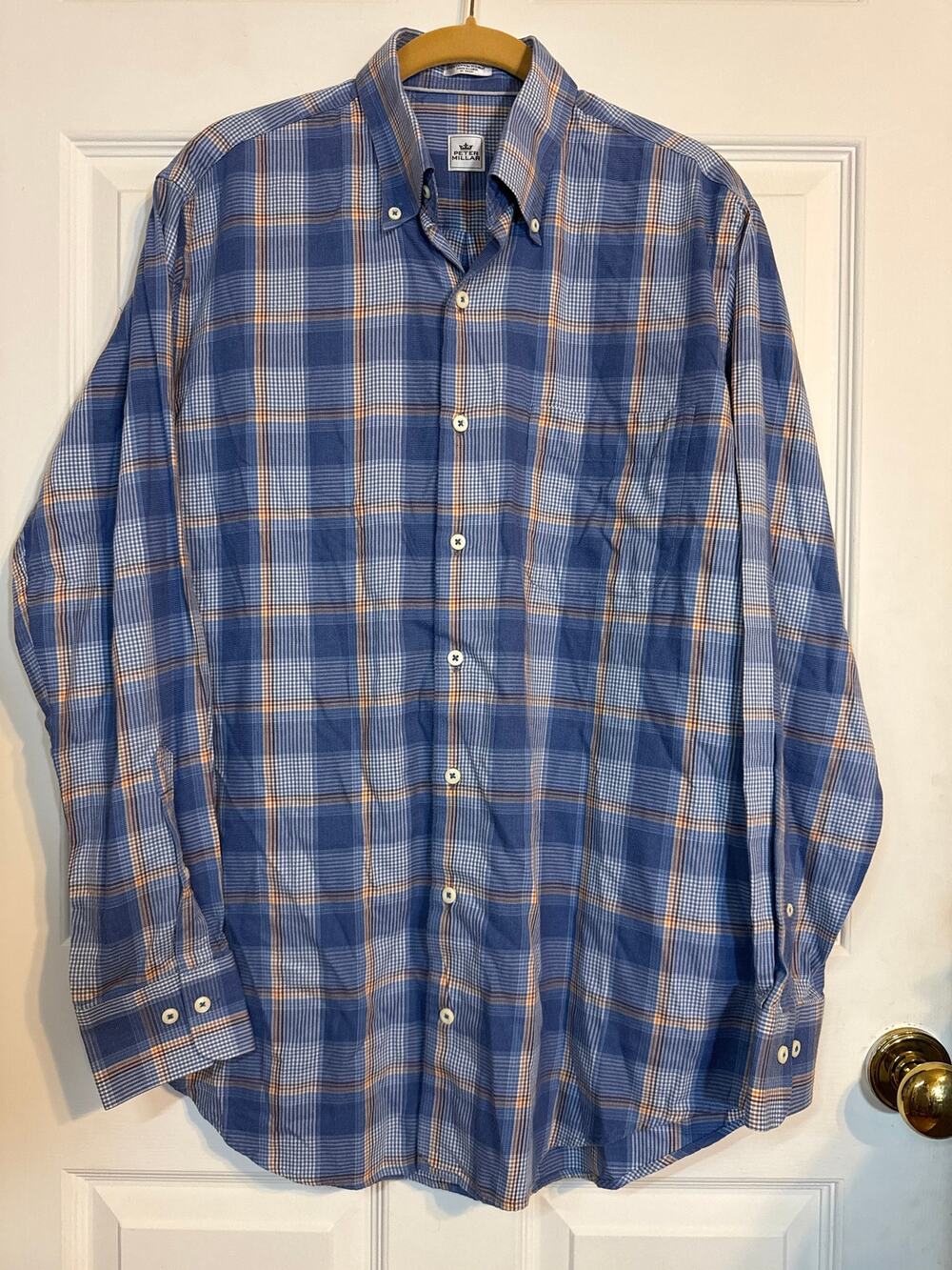 Peter Millar Men's M Long Sleeve Blue Plaid Button Down Shirt EUC